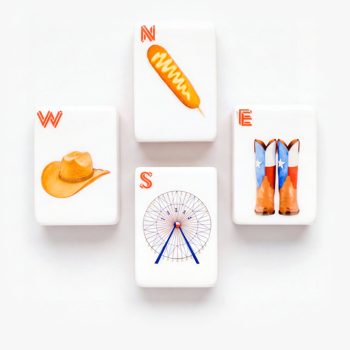 Wind tiles from The Dallas Collective: a corn dog for North, Texas flag cowboy boots for East, a Ferris wheel for South and a cowboy hat for West