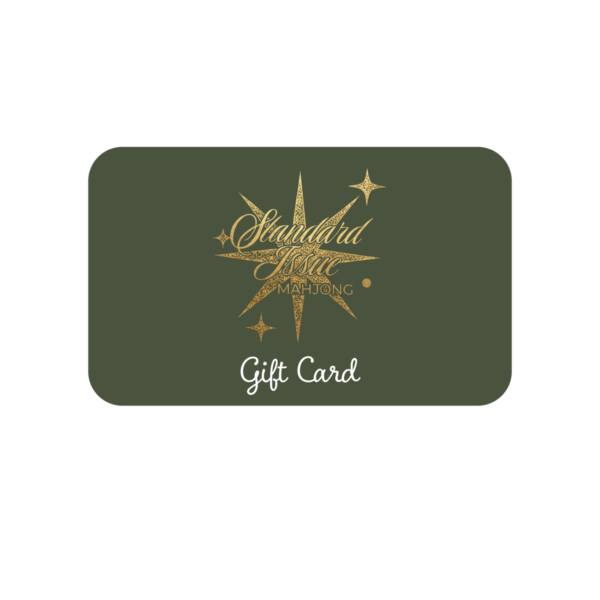 Standard Issue Mahjong gift card with a gold starburst logo on olive green